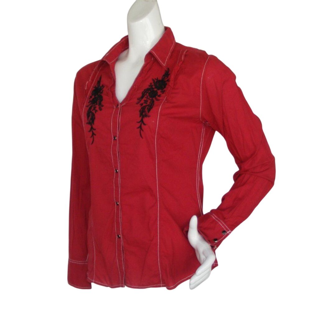 PANHANDLE SLIM Embroidered Blouse, M, Red, Snap front, Long sleeves - Picture 3 of 8